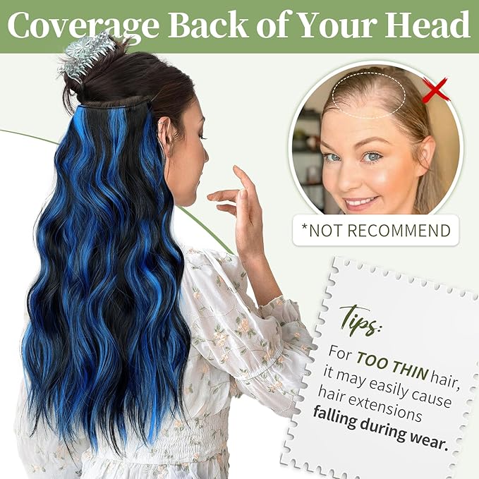 KooKaStyle Invisible Wire Hair Extensions with Transparent Headband Adjustable Size 4 Secure Clips Long Wavy Highlight Synthetic Hairpiece 20 Inch Black with Blue for Women