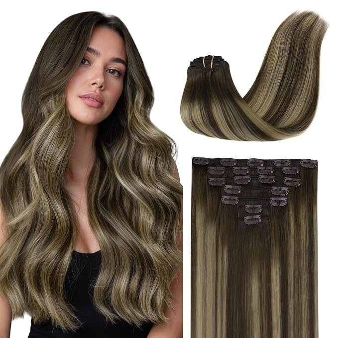 GOO GOO Clip in Hair Extensions Real Human Hair, Remy Human Hair Extensions Clip ins for Women, Natural Human Hair, 16inch 120g 7Pcs, 4/26/4 Balayage Chocolate Brown to Honey Blonde