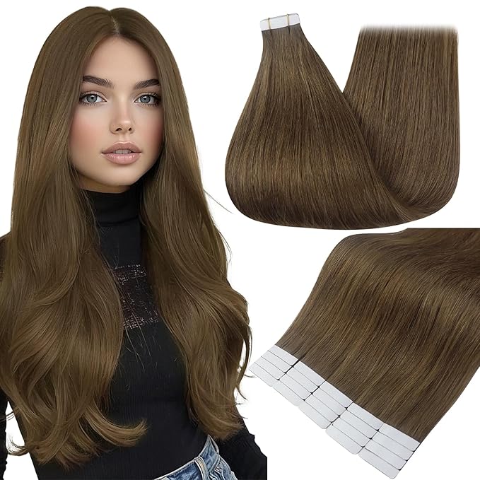 Full Shine Tape Ins Human Hair Extensions 16 Inch Color 3 Brown Tape in Hair Extensions Human Hair Invisible Seamless Skin Weft 20PCS Natural Straight Double Sided Remy Hair 50G Add Volume