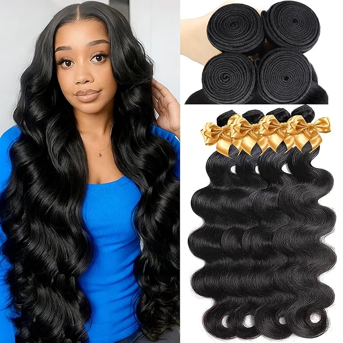 Human Hair Bundles Body Wave 100% Unprocessed Brazilian virgin Remy human hair Raw Hair Bundles for Women Natural Black 22 24 26 28 Inch, Keep Soft and Silky After Multiple Washes