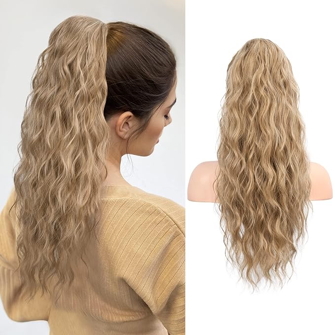 Flufymooz Ponytail Extension, 22 Inch Drawstring Ponytail Hair Extensions for Women， Long Curly Wavy Pony Tail Natural Wavy Synthetic Hairpiece for Women Daily Use party (22 Inch Dark Blonde Mixed)