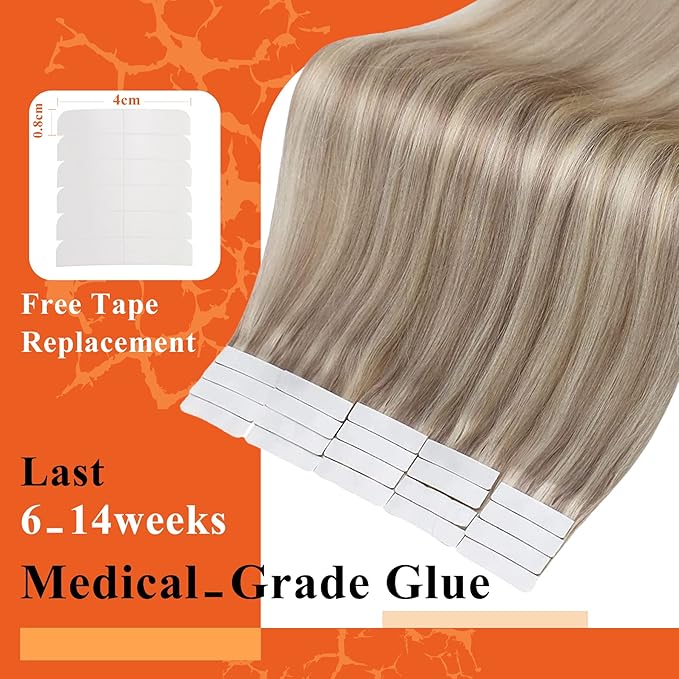 Full Shine Tape in Hair Extensions Human Hair Color 18 Ash Blonde Highlight 613 Blonde Invisible 22Inch Seamless Tape in Extensions Double Sided Remy Human Hair 50Gram Glue in 20 Pcs for Short Natural