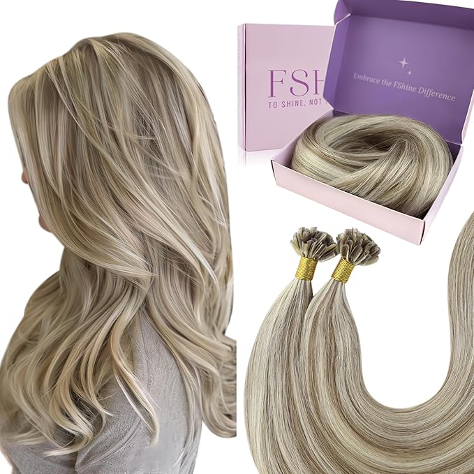 Fshine Nail Tip Real Human Hair Extensions Highlighted Light Brown With Platinum Blonde Remy Hair Extensions Keratin U Tip 18 Inch Pre Bonded Remy Hair Extensions Hot Fusion Hair Extensions 50g/50s