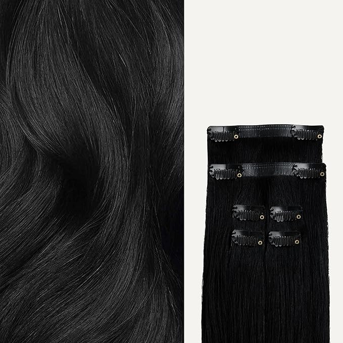 Luxy 100% Remy Human Hair Extensions for Thin Hair Thinning Hair Fill-Ins – 6 Seamless Wefts Multi-Dimensional Color Blend - Natural-Looking Volume & Coverage 80 grams 16" Jet Black Thinning