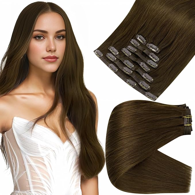 Full Shine Seamless Hair Extensions Clip in Brown Clip in Hair Extensions Medium Brown Human Hair Clip ins PU Weft Long Hair Add Volume 20 Inch 8 PCS 120 G
