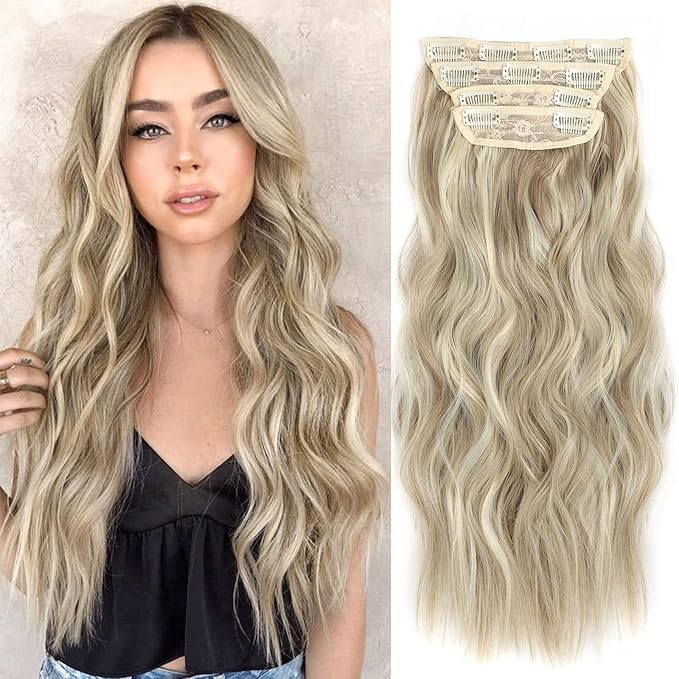 4PCS Curly Clip In Hair Extensions Dark Golden Mix Beige Blonde Synthetic 20inch long Wavy Clip in Hair Extensions Double Weft Long Thick Hairpieces Full Head For Women (20INCH, 18H613)