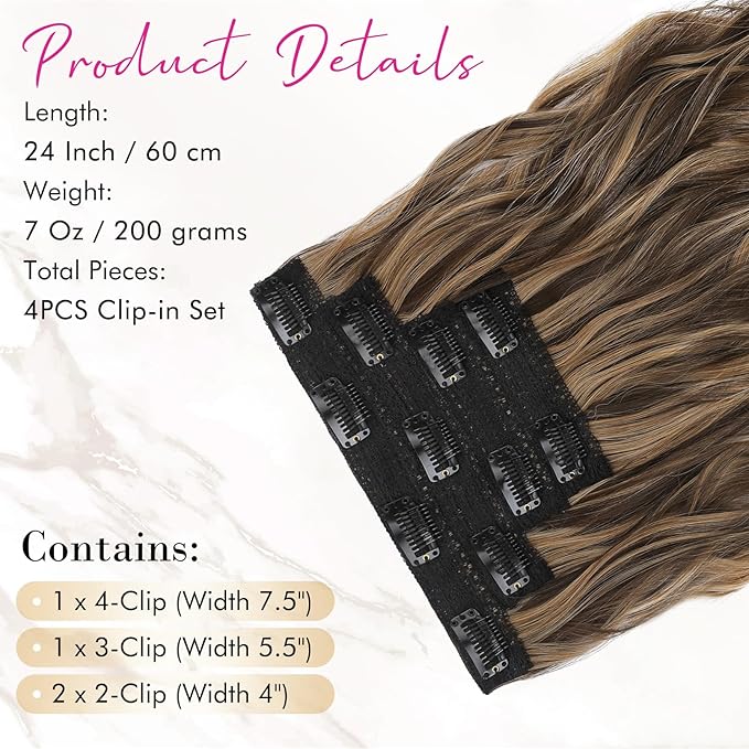 REECHO Hair Extensions, 4PCS Clip in Hair Extensions 24" Thick Long Brown hair extensions HE003 Invisible Lace Weft Natural Soft Synthetic Hairpieces for Women – Chocolate Brown with Blonde Highlights