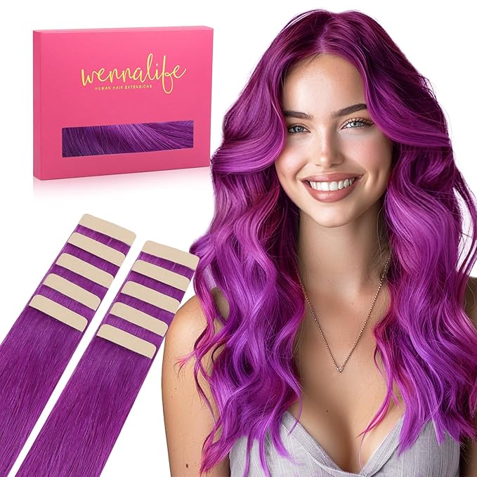 WENNALIFE Tape in Hair Extensions Human Hair Purple Tape in Extensions, 10pcs 30g 20 inch Remy Invisible Tape Ins Straight Colored Soft Real Human Hair Tape in Extensions Refill Set Extensions
