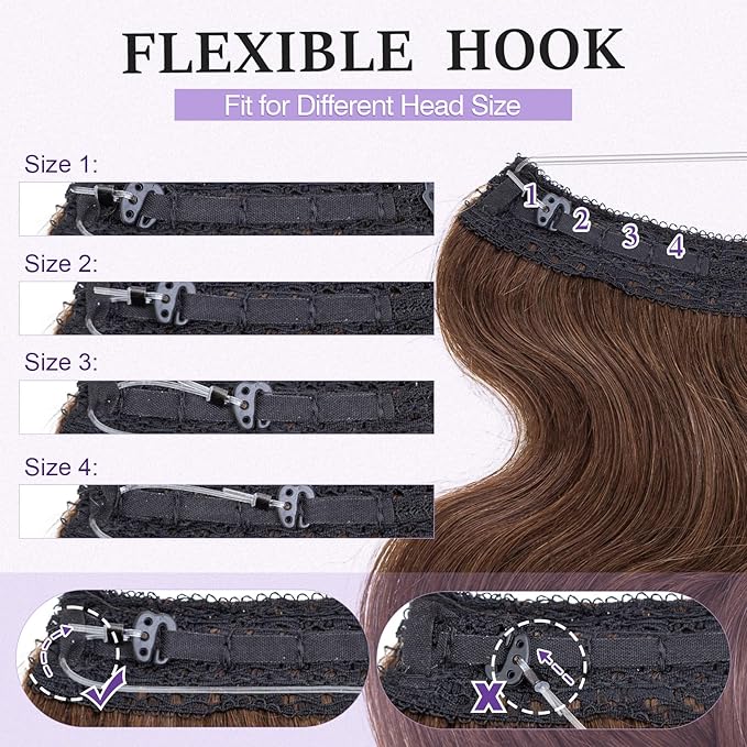 Halo Hair Extensions Real Human Hair,Halo Hair Extension 100% Human Hair,Wire Hair Extensions,Wavy 04 Medium Brown 65g/16inch