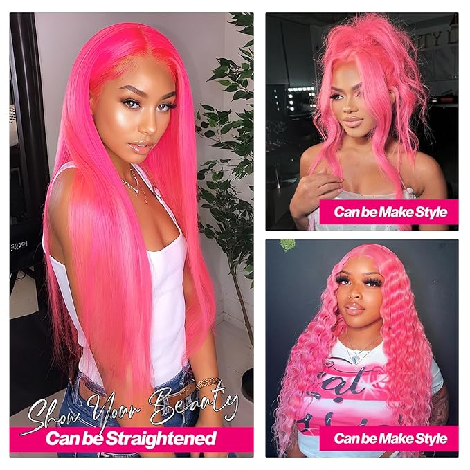 Pink 13x6 Lace Front Wigs Human Hair Body Wave Pink Human Hair Wigs for Women 200% Density Glueless HD Transparent Lace Frontal Wigs Pre Plucked 24 Inch