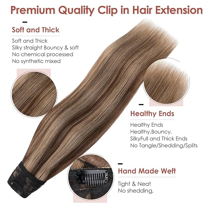 Benehair One Piece Clip in Hair Extensions Real Human Hair 3/4 Full Head V Shaped Weft Thicker Hair Lace Net One Piece Hair Extensions with 5 Clips (14"-55g #4P27 Medium Brown Mixed Dark Blonde)