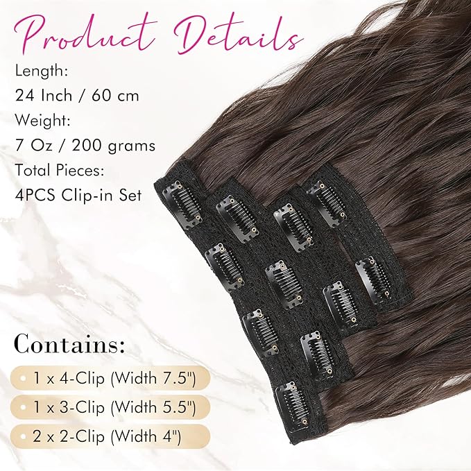 REECHO Clip in Hair Extensions, 4PCS Blonde Hair Extensions 24" Thick Long Beach Waves hair extensions HE003 Invisible Lace Weft Natural Soft Hairpieces for Women – Chocolate Brown
