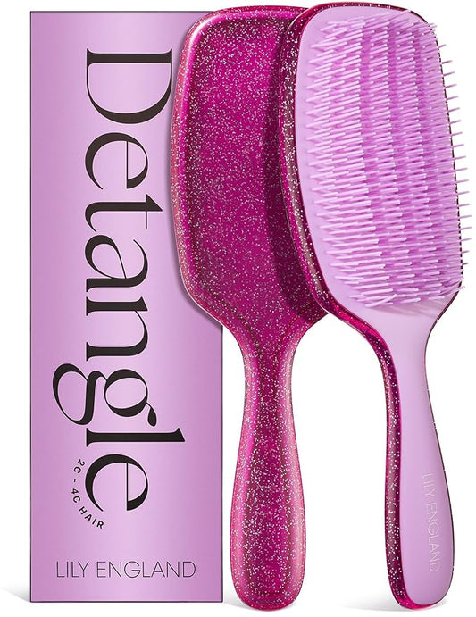 Lily England Curly Detangler Brush for Women - Pain-free Detangling Brush for Wet & Dry Hair With Flexible Bristles - Easy-to-Hold Hairbrush for Women with 3c & 4c Curls - Purple Glitter