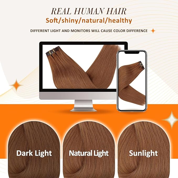 Full Shine Seamless Hair Extensions Clip in Copper Brown Clip in Hair Extensions Brown Seamless Clip ins Straight Brazilian Hair Ease of Use 14 Inch 8 PCS 120 G