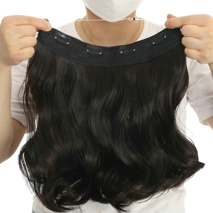 Invisible Wire Hair Extensions Transparent Wire Adjustable Size 4 Secure Clips Long Wavy Curly Secret Hairpiece 14 Inch for Women