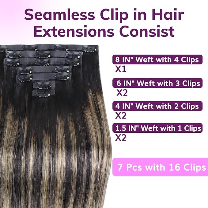 IDN BEAUTY Seamless Clip In Hair Extensions Human Hair, Straight 110g 24 Inch, 1B/19/1B Natural Black to Light Blonde Remy Hair Seamless Clip Ins For Black Women PU Weft Invisible Edge 7pcs