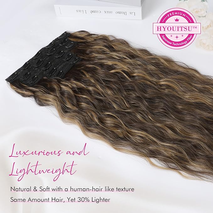 Clip in Hair Extensions, REECHO 5PCS Brown Hair Extensions 24" Thick Long Loose Waves hair extensions HE002 Invisible Lace Weft Natural Soft Hairpieces for Women – Dark Brown with Highlights