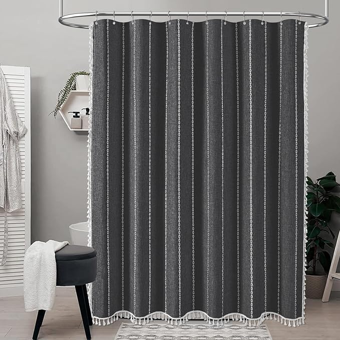 BTTN Stall Shower Curtain - 60x72 Narrow Boho Farmhouse Linen Vintage Striped Fabric Shower Curtain Set with 10 Hooks, Bohemian Cottage Decorative Cloth Shower Curtain for Bathroom - Charcoal Grey