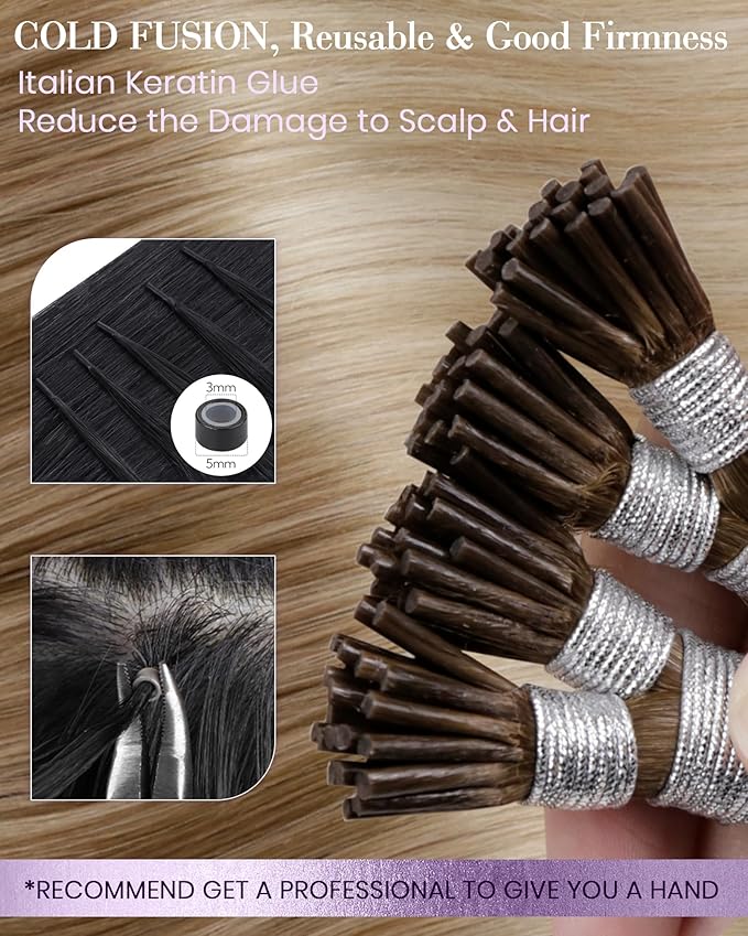 LaaVoo I Tips Hair Extensions Real Human Hair Balayage Brown to Ash Blonde with Platinum Blonde I Tip Hair Extensions 18in 50g 60s