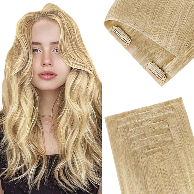 GOO GOO Invisi Edge Clip in Hair Extensions, 18inch 130g 7Pcs, Injected Seamless PU Clip in Hair Extensions, Virgin Real Human Hair, #18AT60A Pearl Ash Blonde Highlights