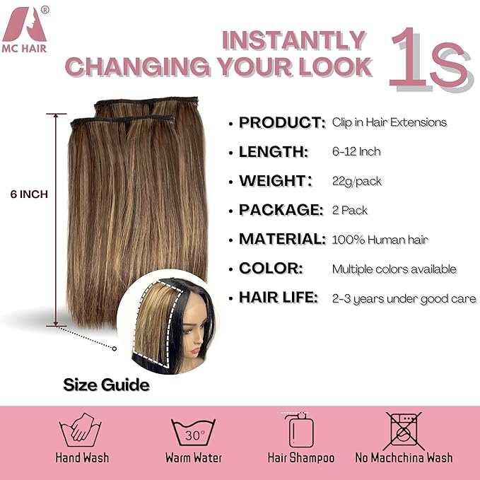2 Pcs Short Hair Extensions, Clip in Extensions Human Hair for Women Adding Volume 8 Inch Medium Brown and Honey Blonde