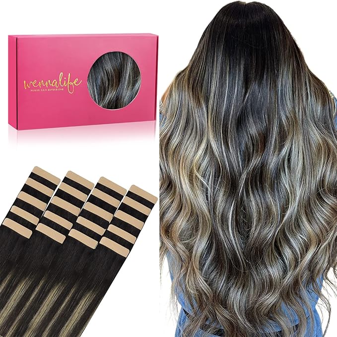 WENNALIFE Tape in Hair Extensions Human Hair, 20pcs 50g 14 inch Natural Black to Light Blonde Remy Hair Extensions Straight Human Hair Tape in Extensions Skin Weft Tape Extensions Human Hair