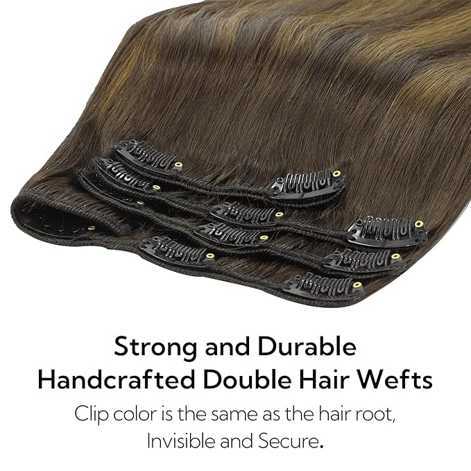 HOTBANANA Clip in Hair Extensions Real Human Hair, 150g 9pcs 22 inch Dark Brown to Chestnut Brown Straight Remy Clip in Extensions Full Head for Women