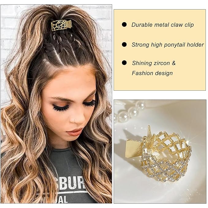 3Pcs Ponytail Holder Hair Clips, Rhinestone Metal Hair Clips High Ponytail Cuff Small Star Hair Claw Clip, Gold Hair Accessories for Women & Girls