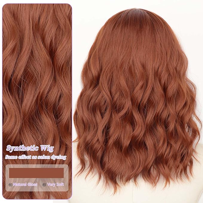 AISI HAIR 14 Inch Orange Wigs for Women - Shoulder Length Wave Wig with Pre-Cut Lace Hairline, Middle Part Natural Wavy Bob Synthetic Heat Resistant Fiber for Daily and Party