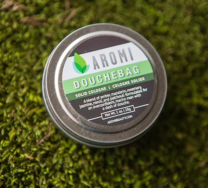Aromi Solid Cologne | Clean, Fresh, + Aquatic Fragrance, Amber, Jasmine Scent, Vegan, Cruelty-free, Travel, Funny Men's Gift, Alcohol-free, Stocking Stuffer (Douchebag)