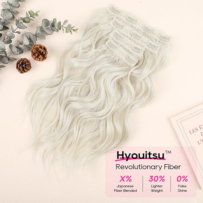 REECHO Clip in Hair Extensions - 4PCS 14" Short Beach Wavy Hairpieces - Invisible Lace Weft - Natural Soft - Platinum Blonde