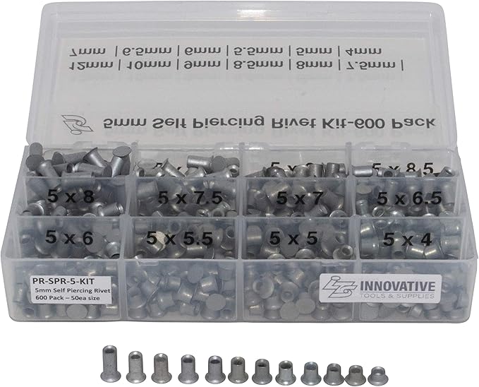 Innovative Tools & Supplies Self-Piercing Rivets 5mm Assorted Size Kit of 600 Pieces - 50 Each Size