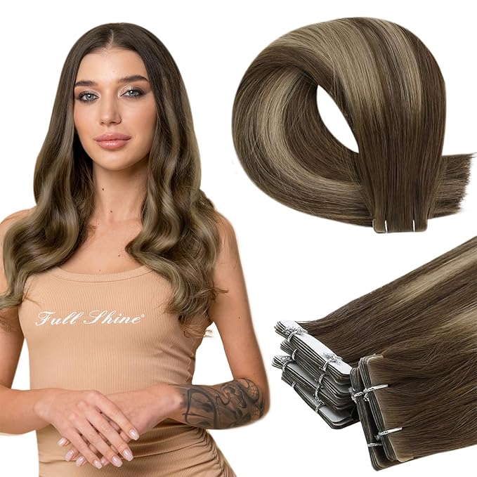 Full Shine Invisible Injection Tape in Hair Extensions Human Hair Medium Brown to Honey Blonde Machine Remy Real Hair Extensions 22Inch Injected Tape in Hair Extentions 10 Pcs 25G