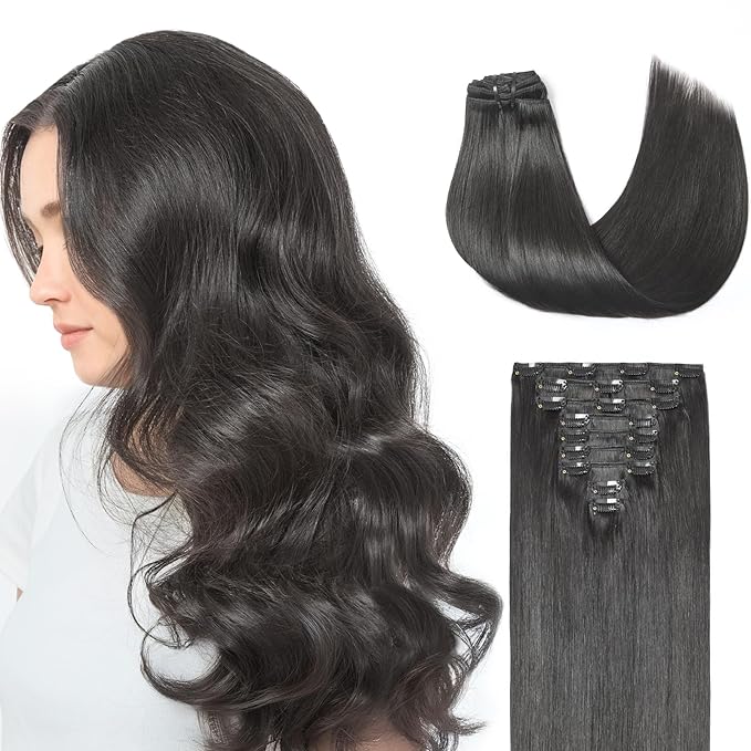 LUVME Handmade Weft Clip in Hair Extensions Human Hair 20 Inch 150g 9pcs Natural Black Straight Full Volume Seamless Blend, Firm Non-Slip Clips