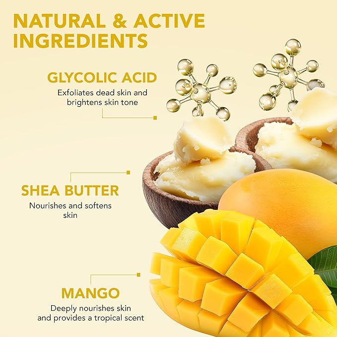 Botanic Hearth Mango Swirl Body Scrub | 8.8 Fl Oz | Exfoliating & Moisturizing Scrub for Smooth, Radiant Skin | Infused with African Shea & Glycolic Acid | 3 in 1 Scrub
