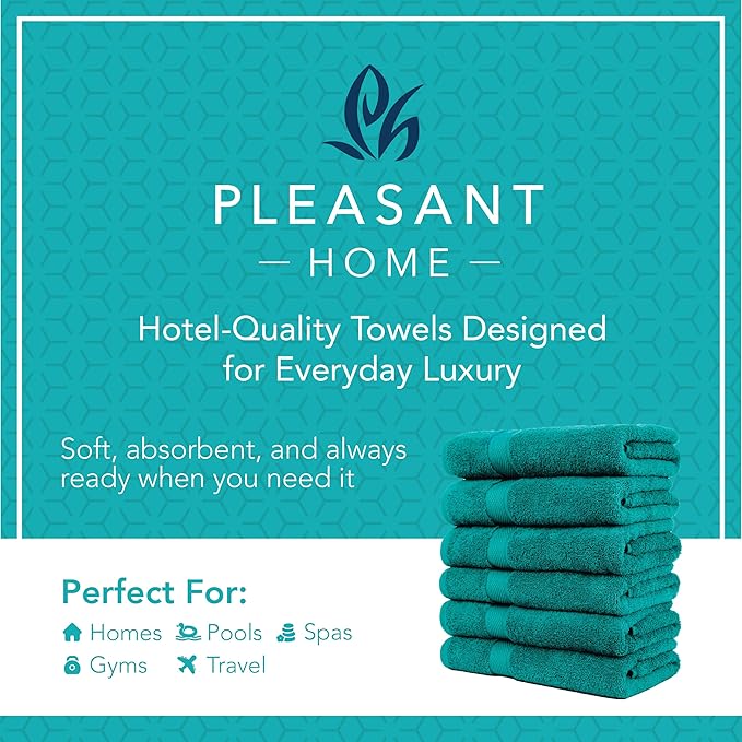 Pleasant Home Bath Towels Set of 6 (24” x 50”) 100% Cotton, 515 GSM | Lightweight, Soft & Highly Absorbent Luxury Towels for Bathroom | for Gym, Pool & Spa | 6 Pack, Teal