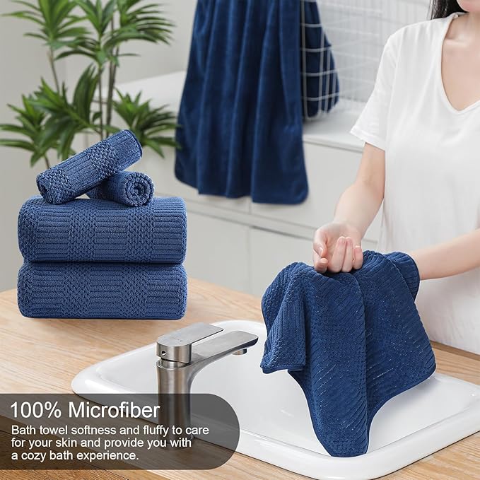 Ycosy 4 Pack Extra Large Microfiber Bath Towels Set,35x70 inches,600GSM,Less Lint Highly Absorbent Super Soft & Quick Dry,Oversized Bath Towels,Perfect for Bathroom Gym Pool,Navy