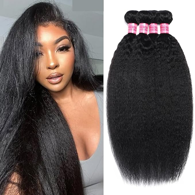 12A Human Hair Bundles 14 16 18 20 Inch Kinky Straight 4 Bundles Human Hair 100% Unprocessed Brazilian Virgin Hair Yaki Straight Deals Human Hair Extensions Kinkycurly Bundle Natural Black