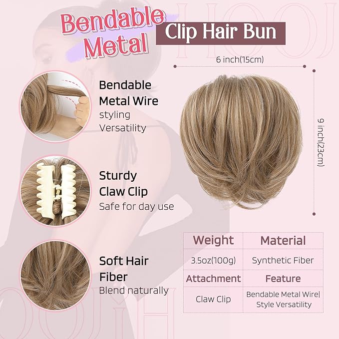 HOOJIH Ponytail Extension, Claw Clip in Straight Hair Bun Messy Bun 9 Inch Short Ponytail with Bendable Metal Wire Hair Pieces for Women Fake Hair Bun DIY Styles - Deep Blonde and Light Blonde mixed