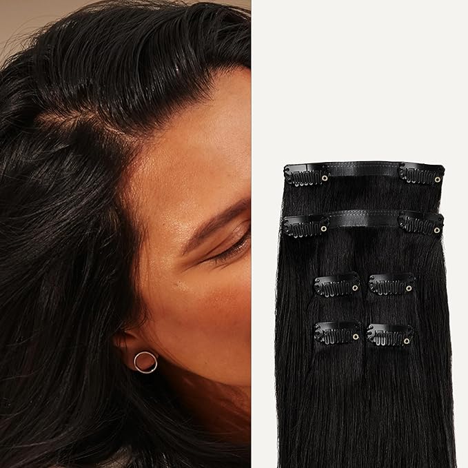Luxy 100% Remy Human Hair Extensions for Thin Hair Thinning Hair Fill-Ins – 6 Seamless Wefts Multi-Dimensional Color Blend - Natural-Looking Volume & Coverage 50 grams 12" Off Black Thinning