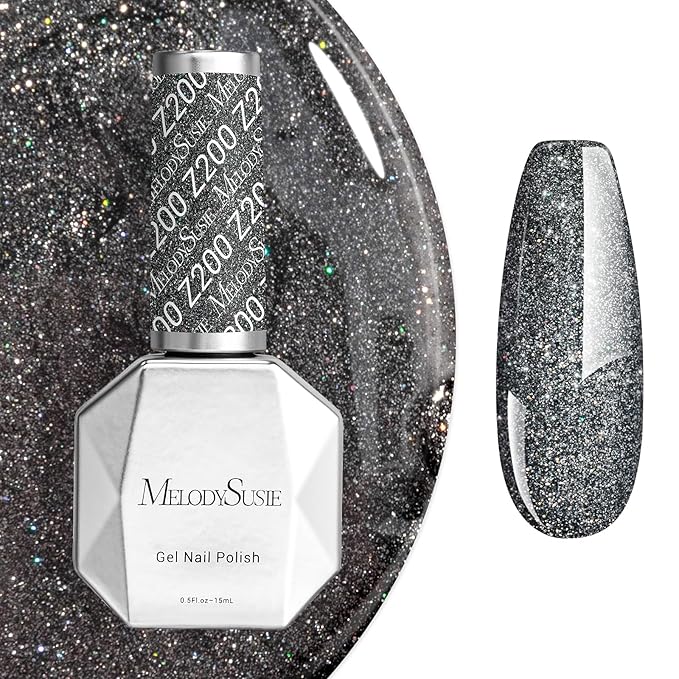 MelodySusie Blcak Glitter Gel Nail Polish,0.5fl oz Nails Soak Off UV LED Black Sliver Glitter Gel Polish Gift for Women Nail Art Manicure Salon DIY Nail Design Decoration at Home-z200-A2080