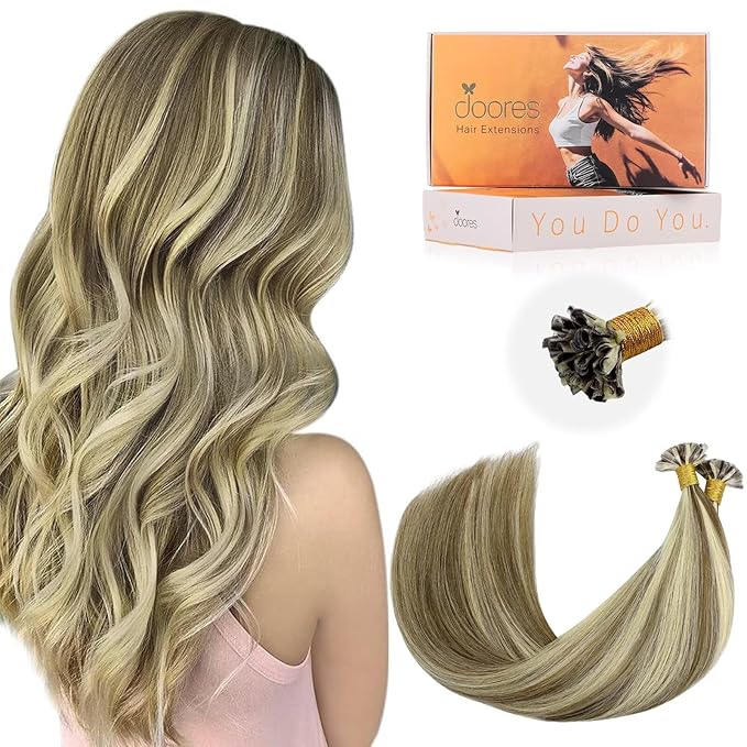 DOORES K Tip Hair Extensions Real Human Hair, Ash Brown to Platinum Blonde 18 Inch 50g/50s, Invisible U Tip Natural Straight