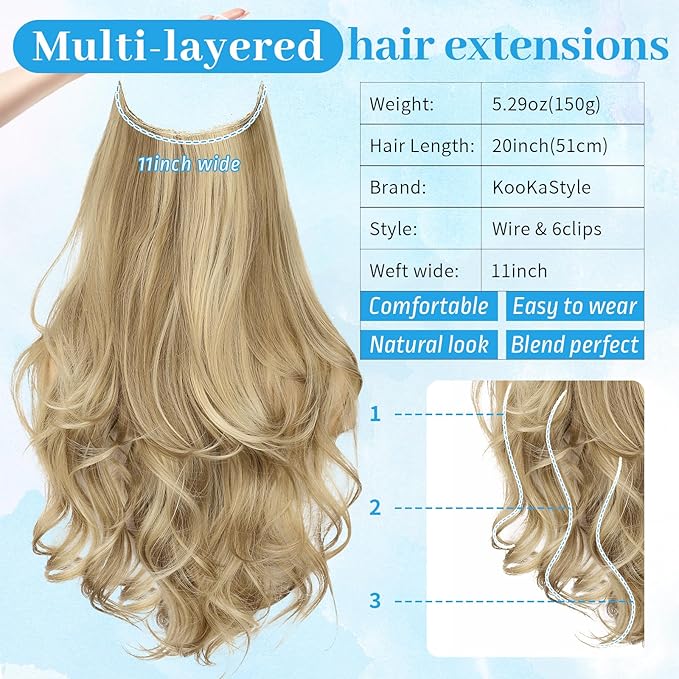 KooKaStyle Invisible Wire Hair Extensions Long Wavy Layered Synthetic with Transparent Headband Adjustable Size 6 Secure Clips Hairpieces for Women (20 Inch, Light Brown Mix Golden Blonde)