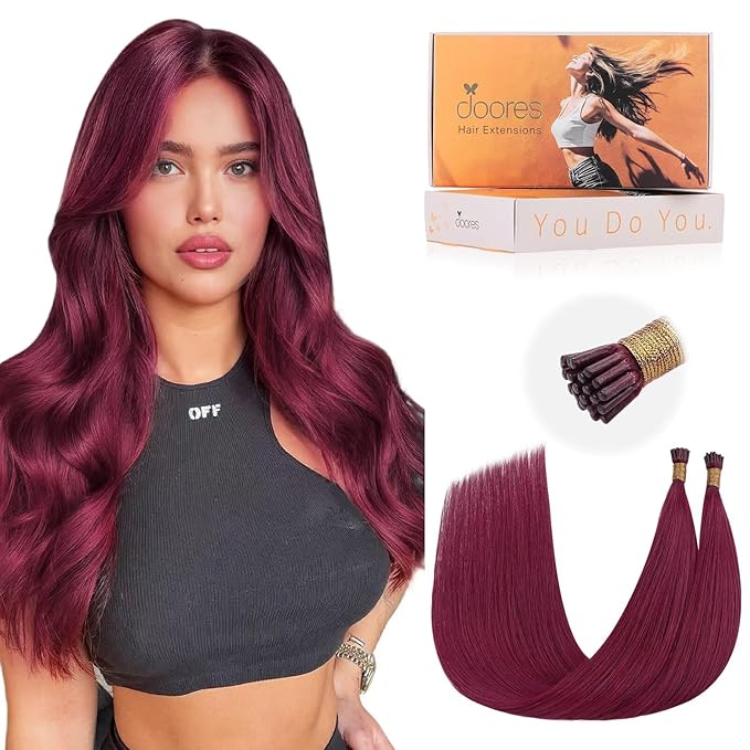 Doores I Tip Hair Extensions Human Hair, Burgundy Red 14 Inch 25g, Wine Red Human Hair, Hair Extensions