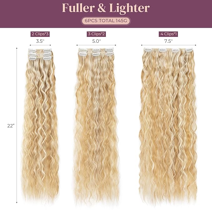 LONAI Clip In Hair Extensions, 6PCS Curly 24" Long Synthetic Clip On Hairpiece For Women Dark Blonde with Highlights