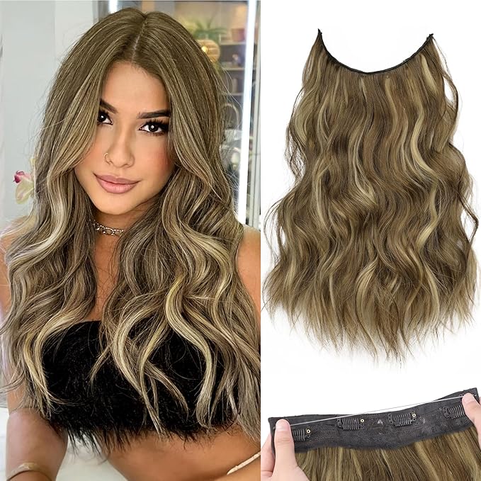 KooKaStyle Invisible Wire Hair Extensions with Transparent Headband Adjustable Size 4 Secure Clips Long Wavy Secret Wire Hairpiece 16 Inch for Women(Medium Brown with Blonde)626D#
