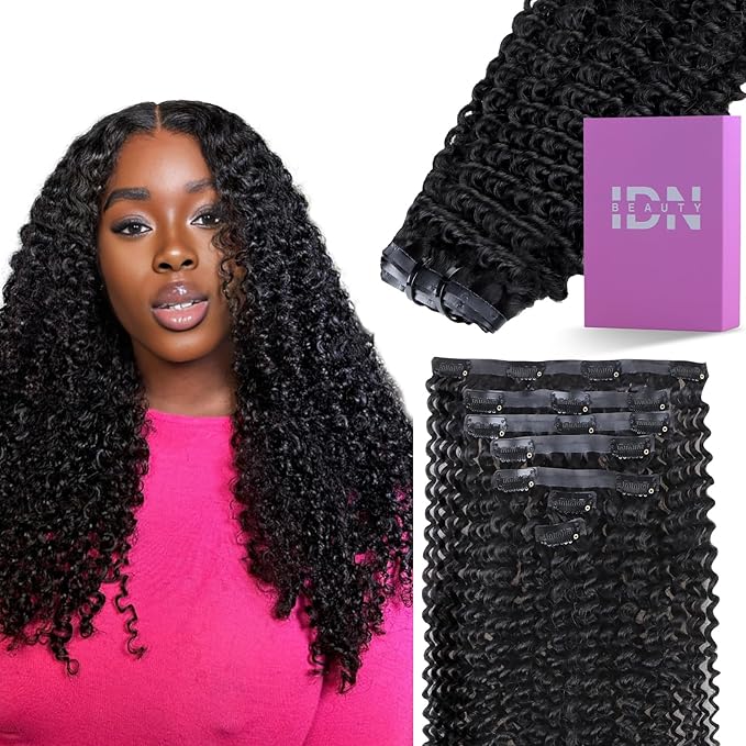 IDN BEAUTY Seamless Clip In Hair Extensions Human Hair, 3c 4a 4c Afro Kinky Curly 14 Inch 110g 7pcs Natural Black Seamless Curly Clip Ins Remy Hair Seamless Clip Ins For Black Women PU Invisible Edge