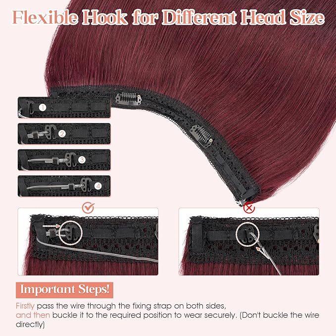 Hairro Wire Hair Extensions Human Hair, Fish Line Invisible Adjustable & Clips in Extensions Straight, 100% Real Hairpieces Seamless Blending for Women, 12 Inch 65g Wine Red