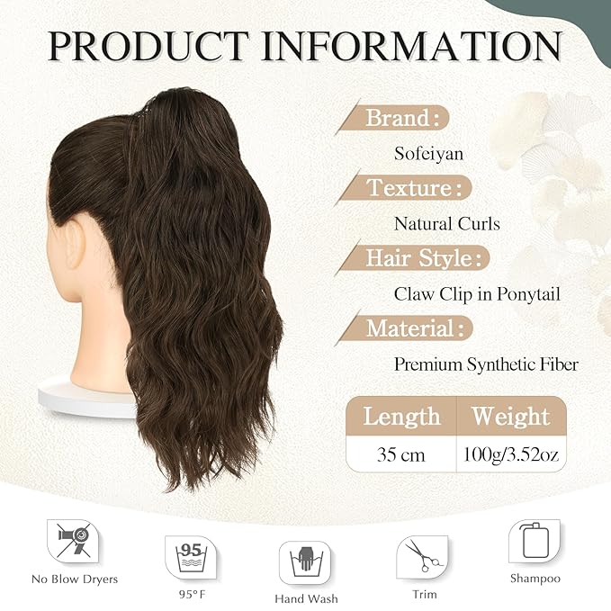 SOFEIYAN 14" Ponytail Extension, Short Wavy Claw Clip in Ponytail Hair Extension Synthetic Hairpieces Black/Chestnut Brown Mix Layered Natural Fluffy Curly Drawstring Ponytail Hair Piece for Women