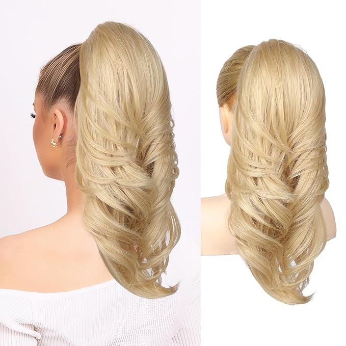 SEIKEA Versatile Drawstring Ponytail Extension, 18" Long Wavy Multi Layered Clip in Ponytail Hair Extensions Stand Up High Fake Pony Tail Soft Natural Synthetic Hairpiece Lightest Golden Blonde